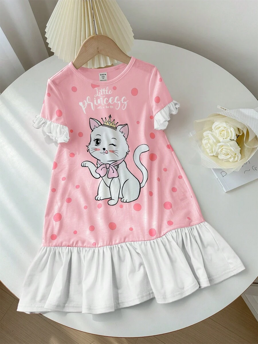 SHEIN Young Girl Crew Neck Contrast Ruffle Sleeve Cartoon Graphic Casual Cute Nightgown - Pink - View 1