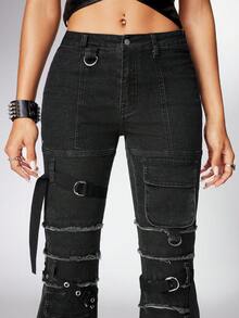 ROMWE Grunge Punk Punk Music Festival, Distressed Washed Design Low Waist High Stretch Slim Fit Flare Jeans For Women - Black - View 3