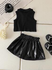 2 件套女婴幼儿 0-3 岁春夏时尚街头服饰罗纹针织无袖 Polo 衫和蝴蝶结裙 2 件套服装，黑色