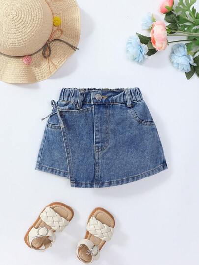 SHEIN Playful Pals Baby Girls' Casual All-Match Versatile Cute Asymmetrical Bowknot Waist Soft Denim Skort, Fashion Jeans, New 2025 Spring/Summer Collection, Suitable For Daily Outings