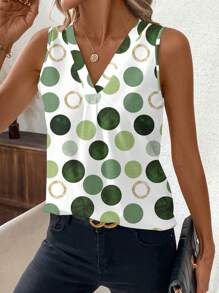 SHEIN Clasi Blusa aderente verde con scollo a V senza maniche, con stampa a pois grandi, abbigliamento da donna, vestito estivo per donna per Pasqua - Verde - Visualizzare 4