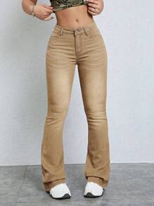 SHEIN ICON Solid Flare Leg Jeans Y2k - Apricot - View 6