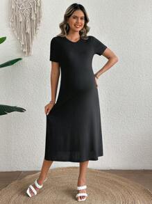 SHEIN Vestido casual de línea A con escote redondo, mangas cortas, bolsillos laterales, para embarazadas - Negro - Negro - Ver 3