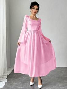 Chiquease Elegant Ice Blue Satin Ruffled Sleeve Dress - Pink - View 3