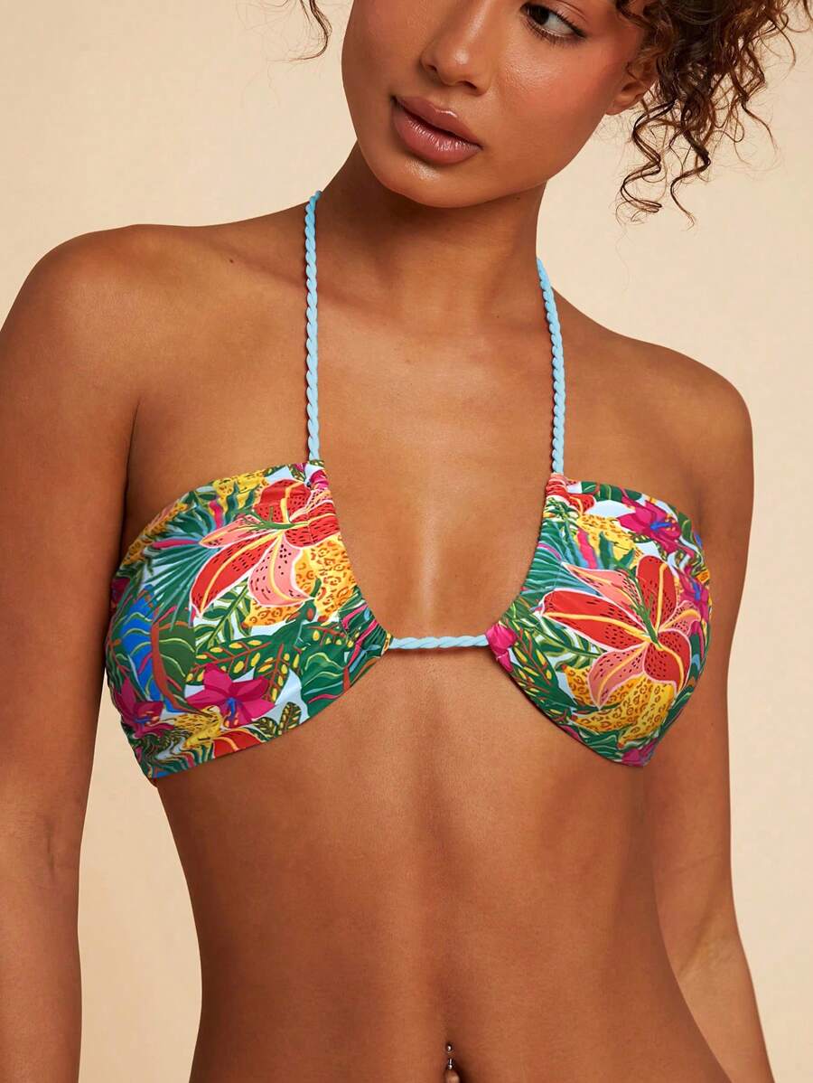 Travachic Tropical Print Halter Neck Bikini Top - Blue - View 1