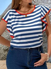 EMERY ROSE Plus Size Striped Short Sleeve T-Shirt, Minimalist & Fashionable, Suitable For Summer Tropical Vacation Woman Clothes Beach Ruffle - Multicolor - View 2
