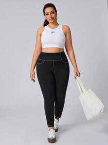 SHEIN Essnce 大码女式撞色缝线简约修身休闲牛仔裤 - 黑色 - 查看 3