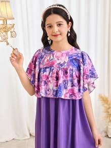 SHEIN Vestido de niña preadolescente con estampado floral elegante, cuello de volantes en color contrastante y parches - Morado - Ver 3
