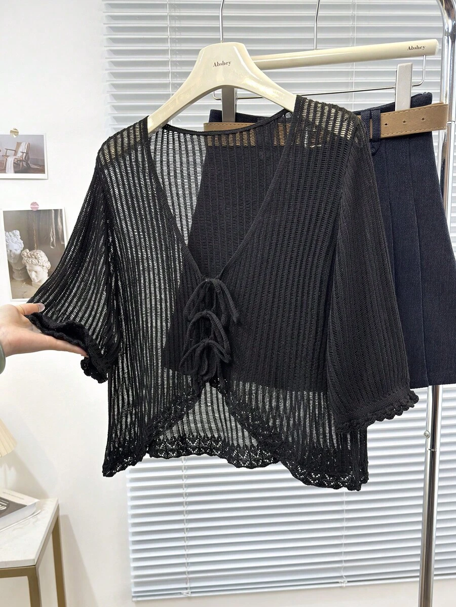 Calvaya Plus Size Casual French Style Black Frill Trim Tie Front Cropped Lightweight Cardigan - Black - View 1