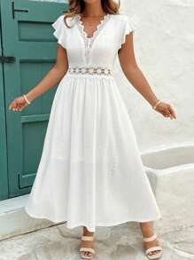 SHEIN Clasi Vestidos de primavera y verano para mujer, tallas grandes, de punto jacquard blanco, encaje elástico, cuello y cintura patchwork, corte en A, manga corta, elegantes vestidos de verano, vestidos blancos, vestidos de verano, vestidos blancos, vestidos elegantes, vestidos de verano, vestidos de tallas grandes, vestidos elegantes, vestidos de fiesta.