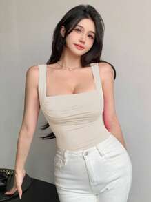 DAZY Women's Sexy Minimalist Casual Sleeveless Tank Top With Ruched Chest Design, Summer - Beige - View 8