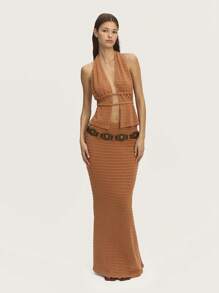 SHEIN Unity 露背吊带上衣 纹理面料 露背。Sprig Summer - 棕色 - 查看 5