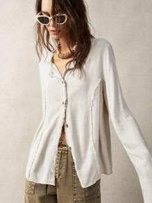 Bohemela Women's Solid Color Long Sleeve Single Breasted Vacation Casual Shirt - Grey - View 7