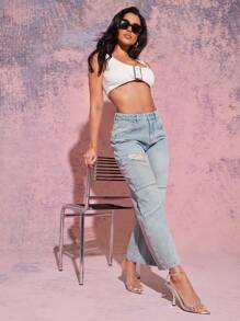 Denimoi Casual Ripped Wide Leg Faded Jeans With Seams - Light Wash - View 4