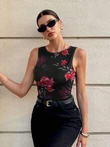 SHEIN Essnce Dames Tanktop met bloemenprint en mouwloos, aansluitend model