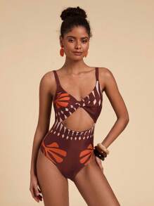 Travachic 女士镂空几何印花连体泳衣，适合度假和海滩