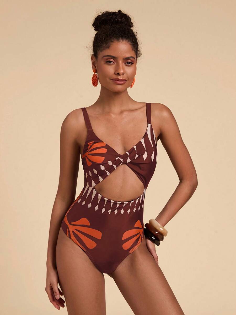 Travachic 女士镂空几何印花连体泳衣，适合度假和海滩