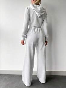 EURMUSE Cotton Solid Color Crop Hooded Top & Long Pants Two Pieces Set - Grey - View 2