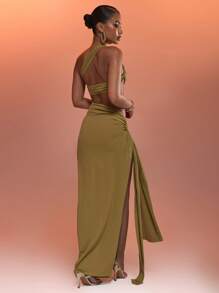 MUSERA 不对称单肩无袖上衣搭配镂空褶皱侧开衩长裙套装，夏季度假性感伊比沙岛风情，适合度假、优雅女神约会、冬春季穿着。 - 軍綠色 - 查看 3