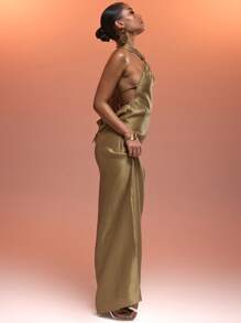 MUSERA 扭结前领露背缎面宽松长裙，性感伊比沙岛风情，适合春夏度假海滩，优雅婚礼宾客，秋季夜晚外出，优雅万圣节秋季派对，时尚夏季装扮 - 棕色 - 查看 2