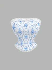 SHEIN MOD Blouse romantique et mignonne pour femme avec motif en porcelaine bleu et blanc, garniture en dentelle et décoration de nœud