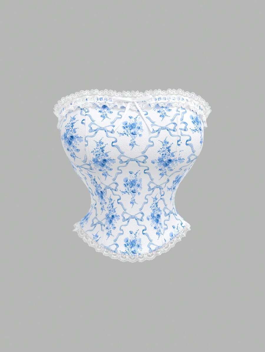 SHEIN MOD Blouse romantique et mignonne pour femme avec motif en porcelaine bleu et blanc, garniture en dentelle et décoration de nœud