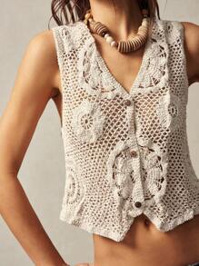 Bohemela BOHO Women's Solid Color Sleeveless Hollow Out Knit Shirt, Casual Vacation Wear - Apricot - View 3