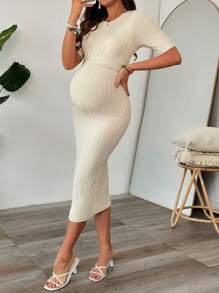 SHEIN Đầm dài hở xẻ sọc buộc lưng cho bà bầu, thích hợp mặc hàng ngày cho bà bầu - Màu be - Xem 3