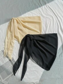 Swim Basics Bộ 2 váy lưới bất đối xứng buộc nơ màu trơn đi biển cho kỳ nghỉ - Màu be - Xem 4