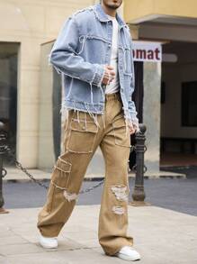 Manfinity Homme Men's Blue Loose Fit Frayed Denim Jacket - Light Wash - View 3