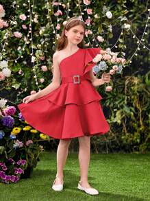 SHEIN Tween Girls' Elegant Ruffled Asymmetrical Shoulder Detachable Waist Belt Dress - Red - View 4