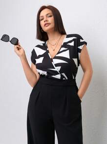 Chikora Plus Geo Print Batwing Sleeve Wide Leg Jumpsuit Without Belt,Office Outfits For Women - Black - View 6