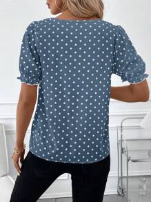 SHEIN Clasi Women's Elegant Ruffle Hem Colorblock Polka Dot Puff Sleeve Blouse - Dusty Blue - View 2