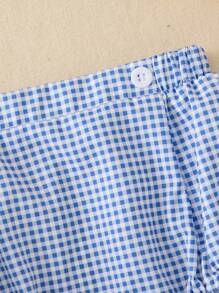 SHEIN Shorts pour bébés filles, style coréen décontracté, mignons à carreaux bleus avec décoration de boutons, convenant à diverses occasions, été