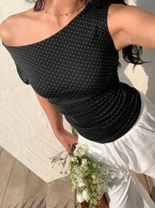 Sunnyshic 女士休闲圆点不对称领口衬衫 - 黑色 - 查看 6