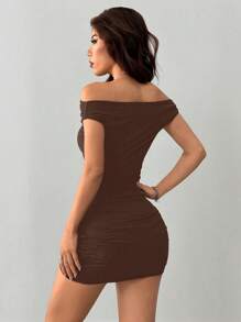 INAWLY 性感露肩褶饰修身迷你连衣裙