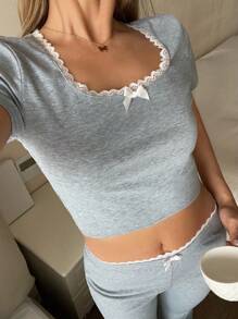 SHEIN 2pcs/Set Teenage Girl Grey Ribbed Crew Neck Ruffle Hem Bowknot Short Sleeve T-Shirt And Long Pants,Sweet Casual Pink Summer Family Matching Outfit - Grey - View 1