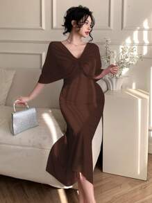 DAZY Vestido de muselina de verano con diseño drapeado, parches de malla y detalles de nudos, vestido de dama con superposición transparente, adecuado para el vestido de fiesta del Día de San Valentín, vestido de fiesta de graduación para mujeres