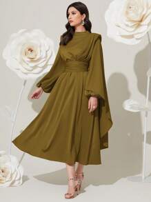 Modelyn 勃艮第红色女士纯色立领短袖阿拉伯朴素长袖连衣裙长款晚礼服