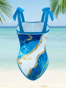 Swim Oasis 大码女式两件套随机印花系带抹胸连体泳衣配系带纱笼，时尚海滩度假泳装 - 彩色 - 查看 5