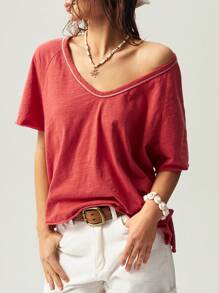 Bohemela BOHO Vacation Solid Color Knit V-Neck Short Sleeve Loose Backless Washed Women T-Shirt