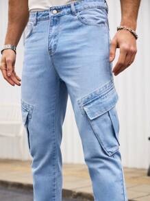 Manfinity Homme Men's Light Wash Denim Cargo Jeans: Zipper Detail Long Length Modern Style - Light Wash - View 5