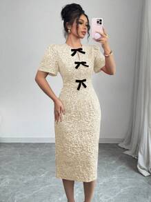 Elenzga Jacquard Bow Front Split Back Fitted Dress - Khaki - View 1