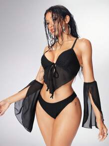 ROMWE Goth 4pcs Solid Color Front Tie Criss-Cross Strap Bra And Swim Bottoms Bikini Set, Halloween - Black - View 4