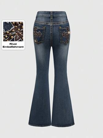 Grunge Punk Jeans skinny a zampa di elefante da donna con stampe vintage di stile punk rock, festival, a croce ricamate e borchiate