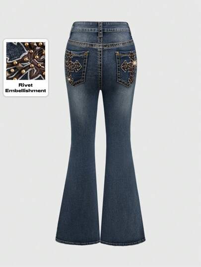 Grunge Punk Vintage Punk Rock Festival, Nieten, Kreuz Stil Muster, bestickte, enge Schlagjeans für Damen