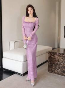 Modelyn Women's Mesh Contrast Lace Trim Fitted Elegant Sexy Dress - Purple - View 5