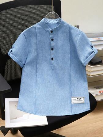 SHEIN 男童休闲半襟立领短袖衬衫