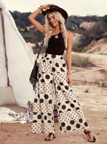 LanaWest Women's Apricot Polka Dot Print Palazzo Pants, Country Music Festival Style