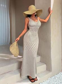 RueChic Boho Knit Spaghetti Strap Maxi Dress - Summer Beachwear Cover-Up - Camel - View 1